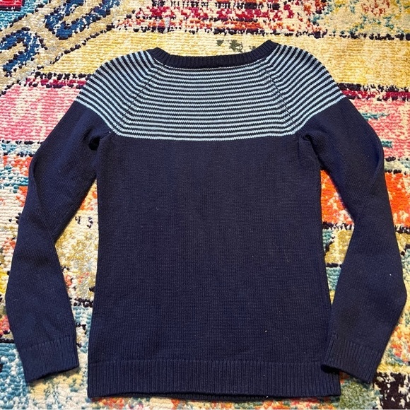 Talbots Sweater Top Women petite Navy Blue Lambswool Striped Long Sleeve Classic - Picture 2 of 6